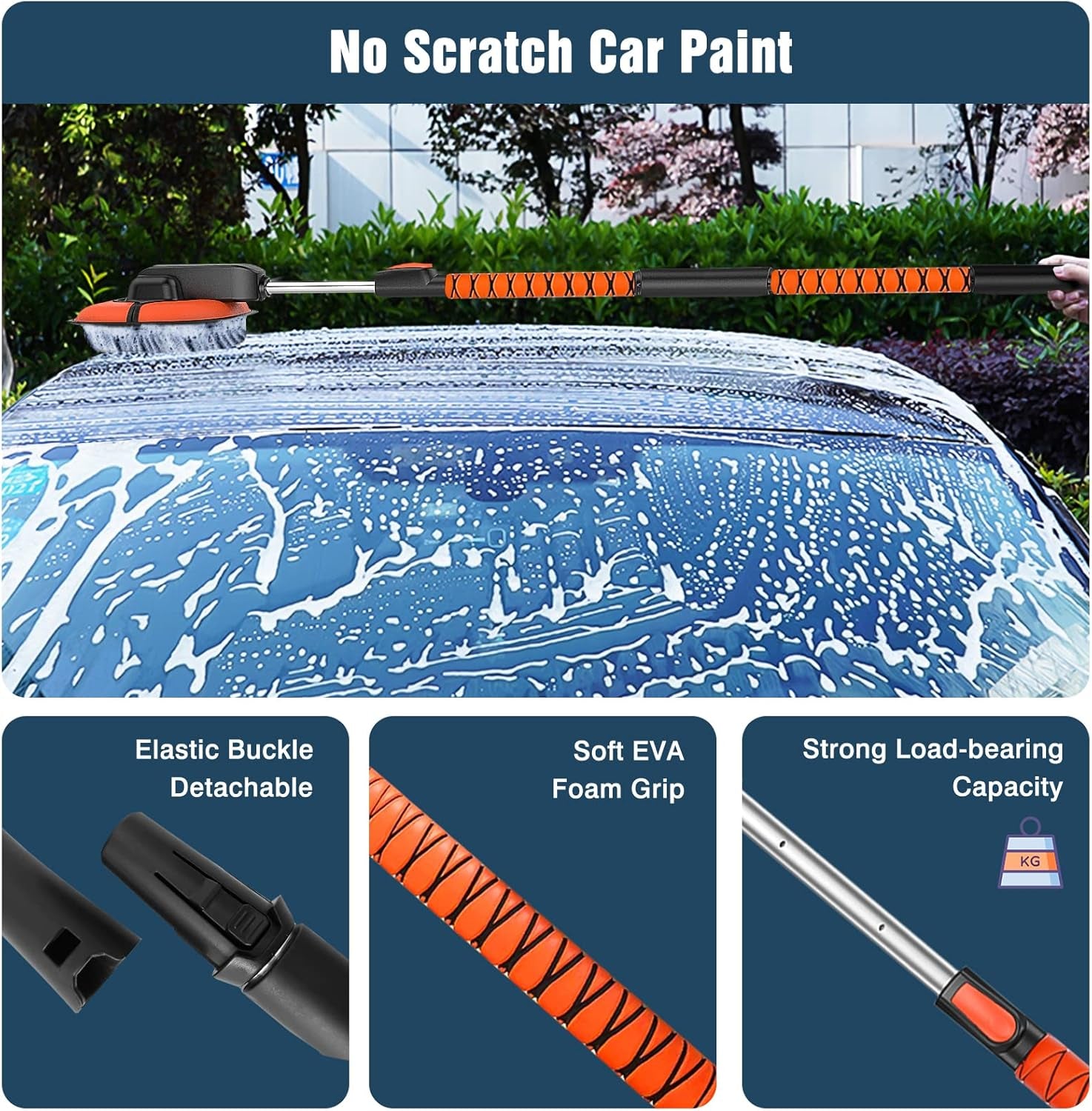 55" Car Wash Brush with Long Handle, Microfiber Car Wash Mop with Windshield Window Squeegee, Extendable Car Washing Brush Exterior Cleaning Tool for RV Truck Camper, Orange