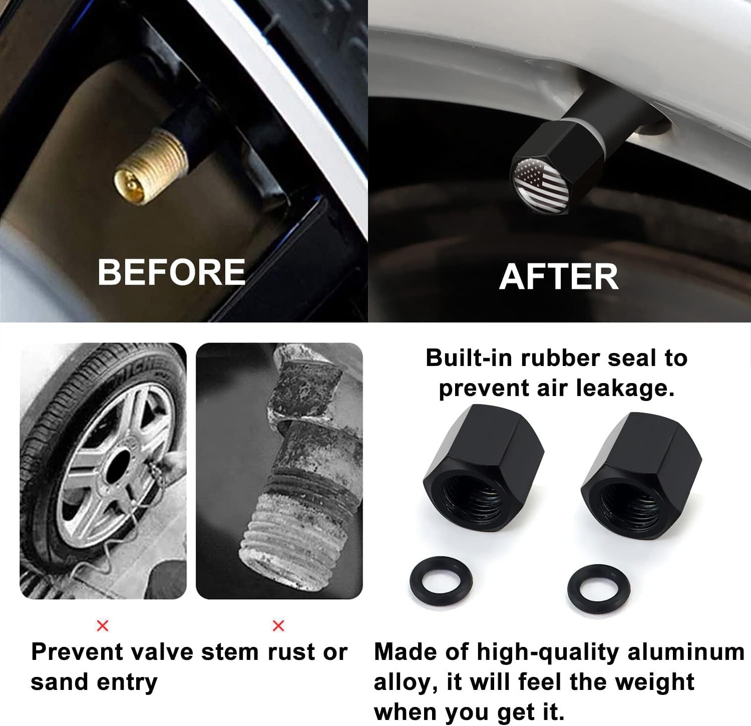 Car Truck Bullet Antenna Replacement Mast with Valve Stem Caps American Flag Style for GMC Sierra Chevy Silverado Dodge Ram 1500 2500 3500 Ford F150 F250 F350 Super Duty Raptor Accessories, Silver