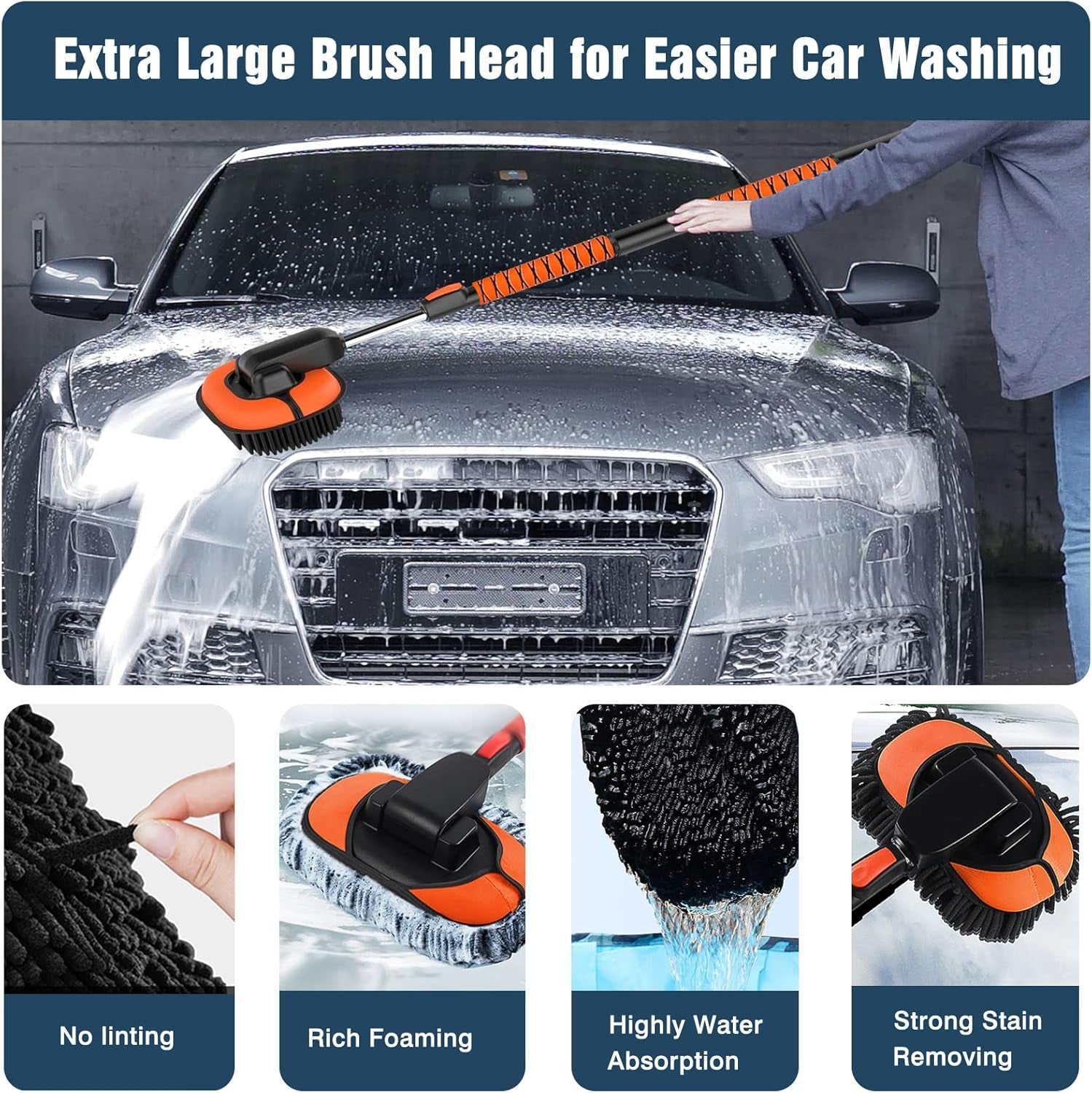 55" Car Wash Brush with Long Handle, Microfiber Car Wash Mop with Windshield Window Squeegee, Extendable Car Washing Brush Exterior Cleaning Tool for RV Truck Camper, Orange