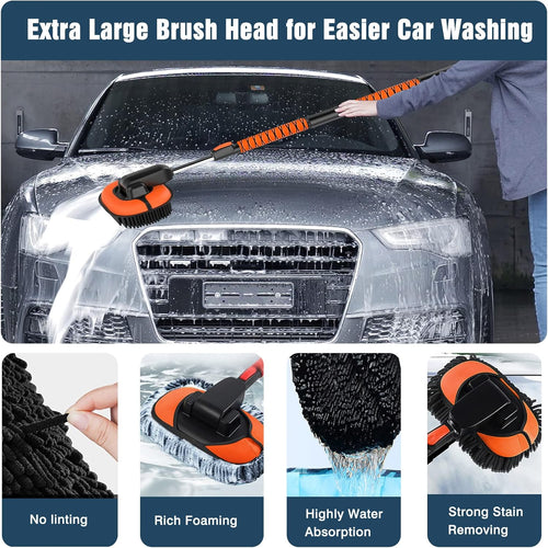 55" Car Wash Brush with Long Handle, Microfiber Car Wash Mop with Windshield Window Squeegee, Extendable Car Washing Brush Exterior Cleaning Tool for RV Truck Camper, Orange