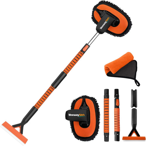 55" Car Wash Brush with Long Handle, Microfiber Car Wash Mop with Windshield Window Squeegee, Extendable Car Washing Brush Exterior Cleaning Tool for RV Truck Camper, Orange