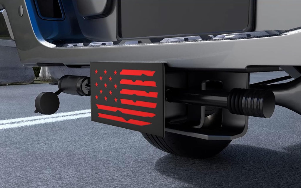 Heavy Duty Hollow Out American Flag Metal Trailer Hitch Cover for 2-Inch Receiver (With 5/8-Inch Pin Dia Anti-Theft Hitch Lock, Black&Red)