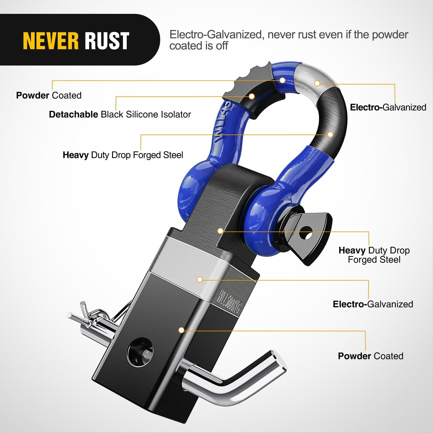 Shackle Hitch Receiver 2Inch 45000 Lbs Breaking Strength 3/4" D Ring Trailer Pin Heavy Duty Solid Recovery Towing Kit for Trucks Jeeps Off-Road