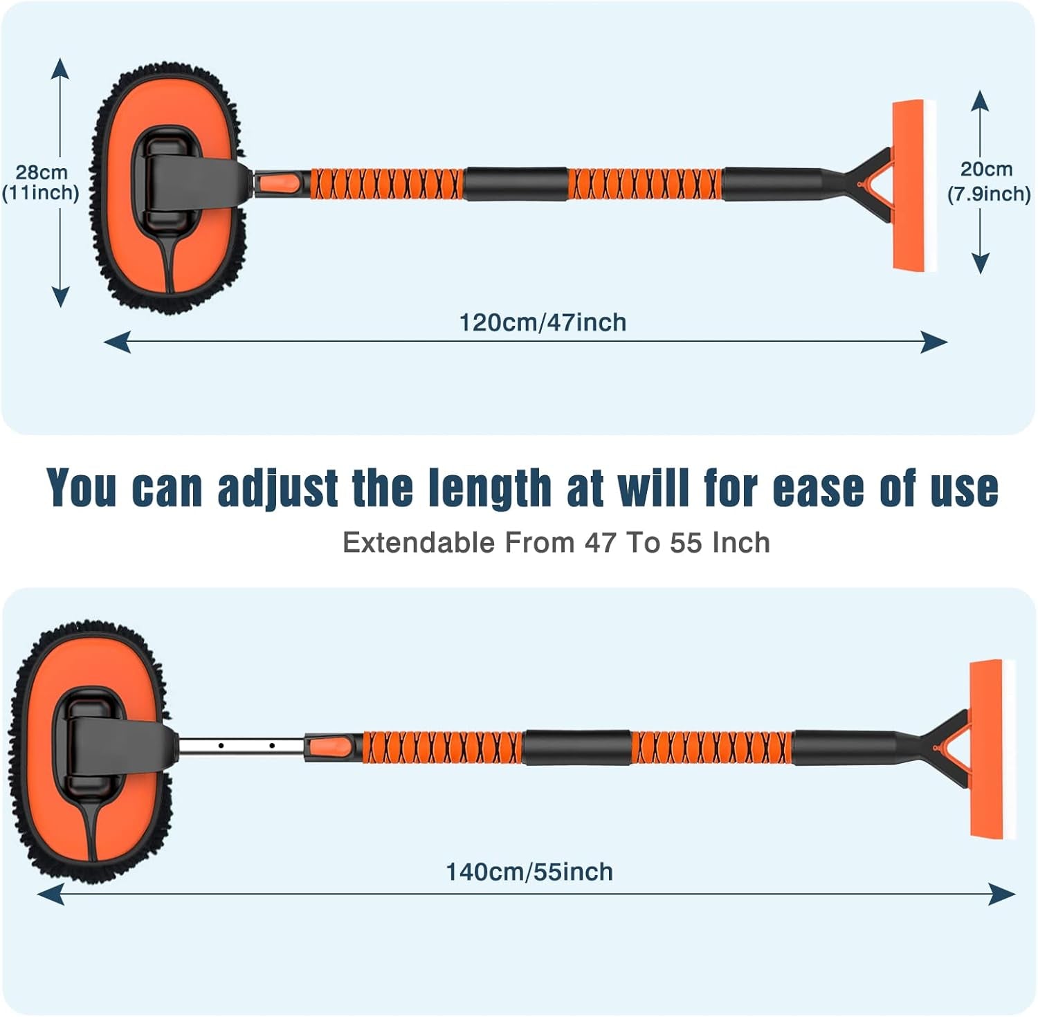 55" Car Wash Brush with Long Handle, Microfiber Car Wash Mop with Windshield Window Squeegee, Extendable Car Washing Brush Exterior Cleaning Tool for RV Truck Camper, Orange