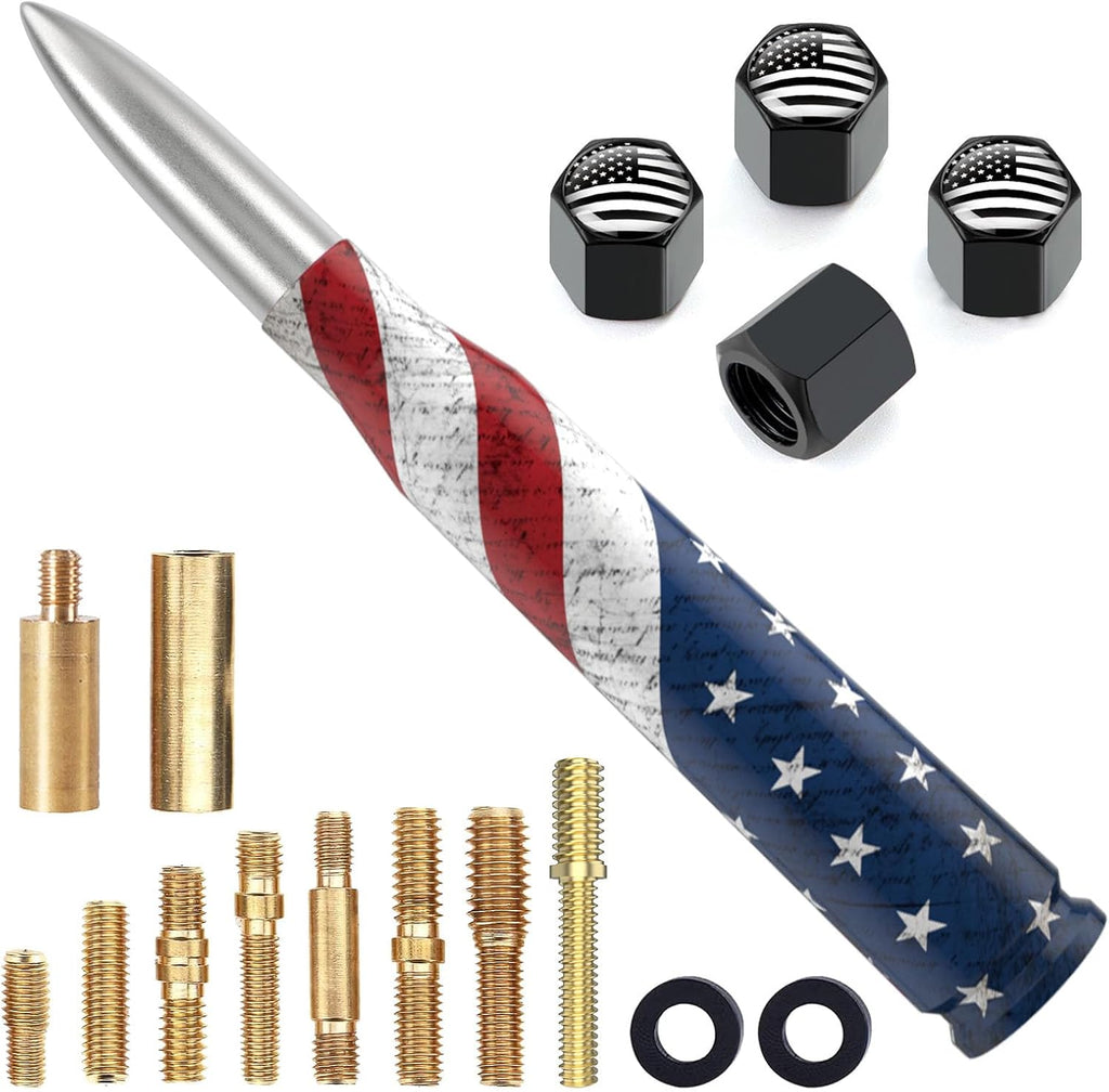 Car Truck Bullet Antenna Replacement Mast with Valve Stem Caps American Flag Style for GMC Sierra Chevy Silverado Dodge Ram 1500 2500 3500 Ford F150 F250 F350 Super Duty Raptor Accessories, Silver