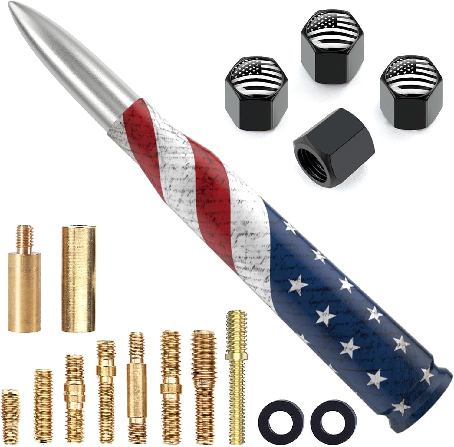 Car Truck Bullet Antenna Replacement Mast with Valve Stem Caps American Flag Style for GMC Sierra Chevy Silverado Dodge Ram 1500 2500 3500 Ford F150 F250 F350 Super Duty Raptor Accessories, Silver