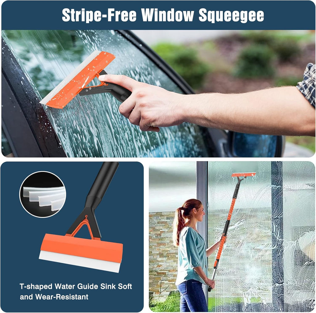 55" Car Wash Brush with Long Handle, Microfiber Car Wash Mop with Windshield Window Squeegee, Extendable Car Washing Brush Exterior Cleaning Tool for RV Truck Camper, Orange