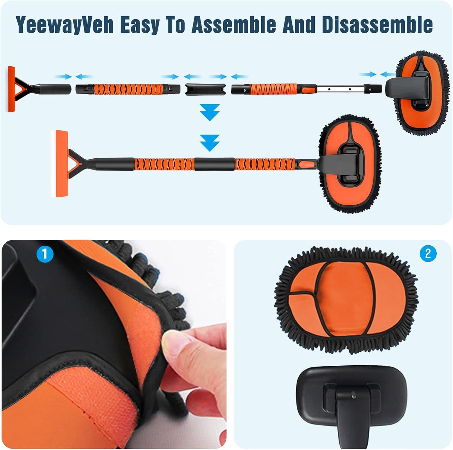 55" Car Wash Brush with Long Handle, Microfiber Car Wash Mop with Windshield Window Squeegee, Extendable Car Washing Brush Exterior Cleaning Tool for RV Truck Camper, Orange