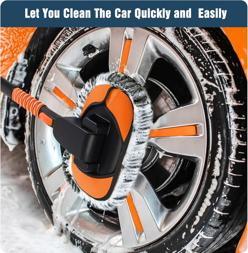 55" Car Wash Brush with Long Handle, Microfiber Car Wash Mop with Windshield Window Squeegee, Extendable Car Washing Brush Exterior Cleaning Tool for RV Truck Camper, Orange